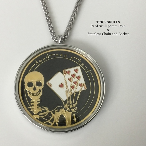 Card Guard Skeleton Skull Enamel Coin Stainless Locket 45-60cm Wheat Link Chain - Picture 7 of 9